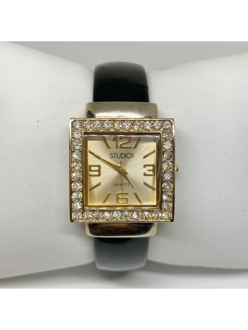 Studio women’s watch gold tone rhinestones 26mm quartz analog cuff band running
